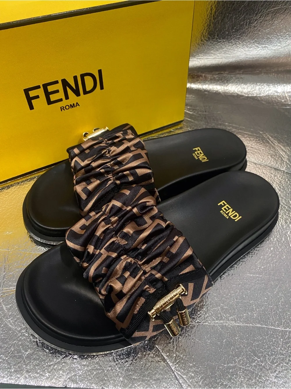 Fendi Brown Monogram Scrunch Slide Sandals